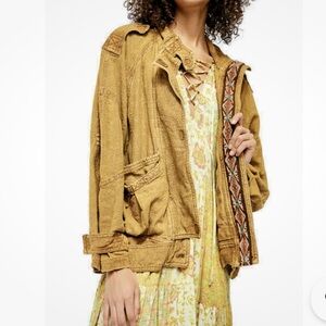 Free People Jade Safari Bomber Jacket Embroidered Trim Gold Brown Sz Medium
